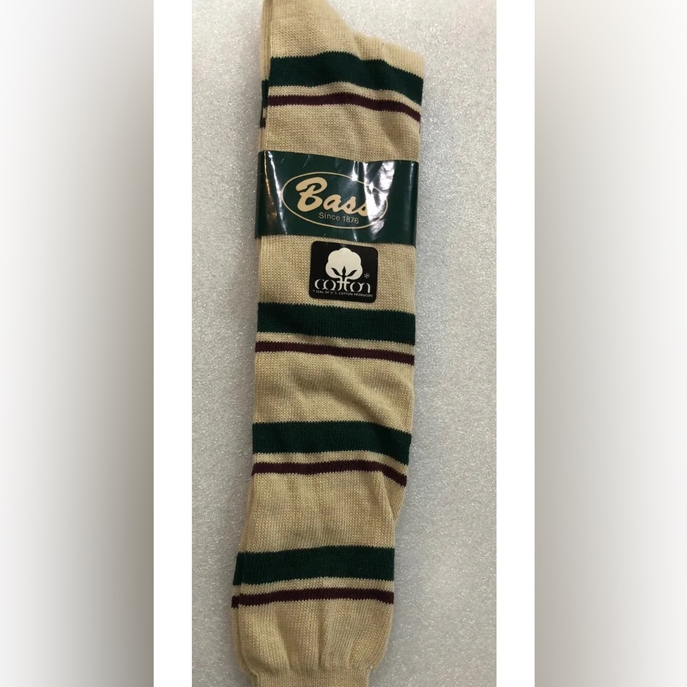 Bass Vtg 80’s Men Knee Sock ELECTRIC SOK Sz-9-11 Cotton Beige Green Stripe NEW